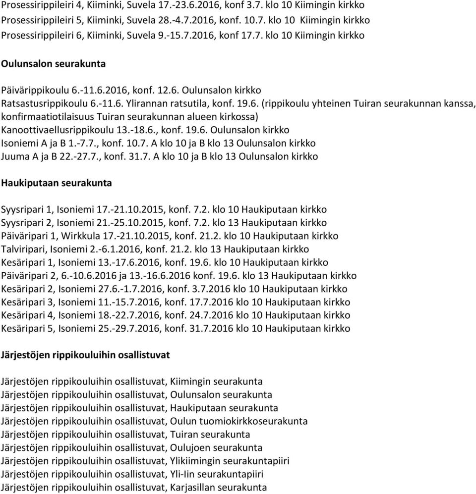 -18.6., konf. 19.6. Oulunsalon kirkko Isoniemi A ja B 1.-7.7., konf. 10.7. A klo 10 ja B klo 13 Oulunsalon kirkko Juuma A ja B 22.-27.7., konf. 31.7. A klo 10 ja B klo 13 Oulunsalon kirkko Haukiputaan seurakunta Syysripari 1, Isoniemi 17.