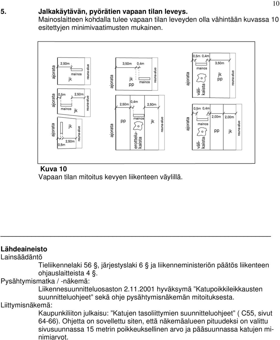 Pysähtymismatka / -näkemä: Liikennesuunnitteluosaston 2.11.2001 hyväksymä Katupoikkileikkausten suunnitteluohjeet sekä ohje pysähtymisnäkemän mitoituksesta.