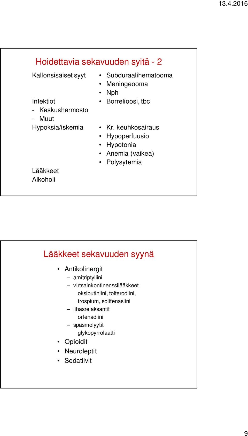 keuhkosairaus Hypoperfuusio Hypotonia Anemia (vaikea) Polysytemia Lääkkeet sekavuuden syynä Antikolinergit