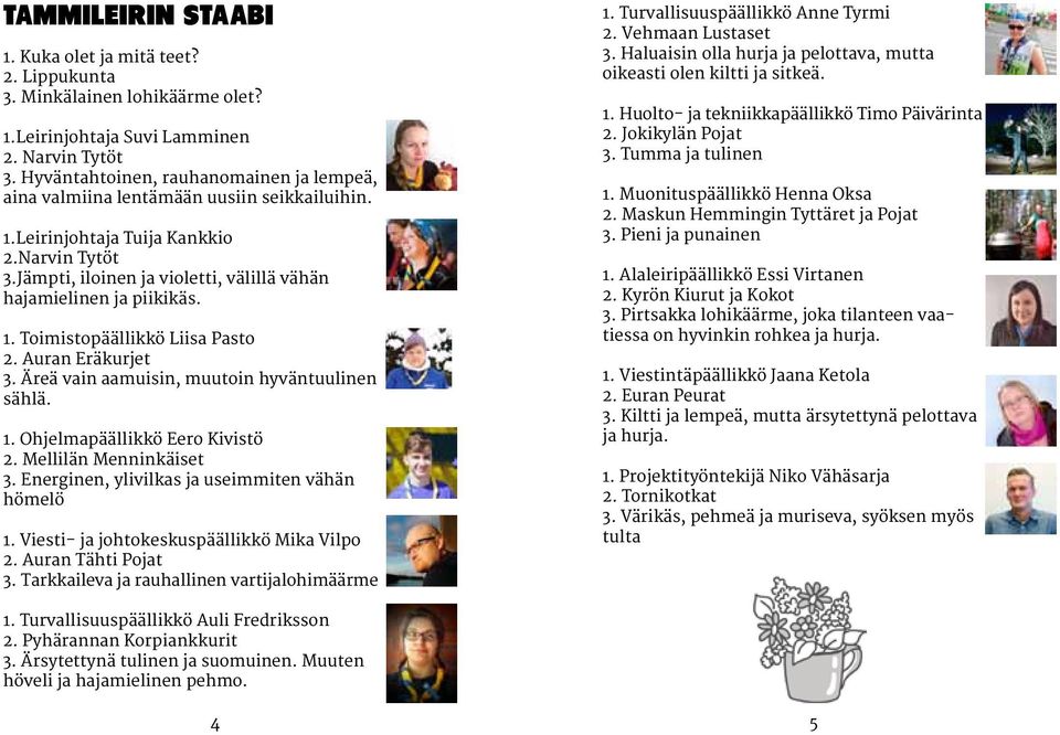 Jämpti, iloinen ja violetti, välillä vähän hajamielinen ja piikikäs. 1. Toimistopäällikkö Liisa Pasto 2. Auran Eräkurjet 3. Äreä vain aamuisin, muutoin hyväntuulinen sählä. 1. Ohjelmapäällikkö Eero Kivistö 2.