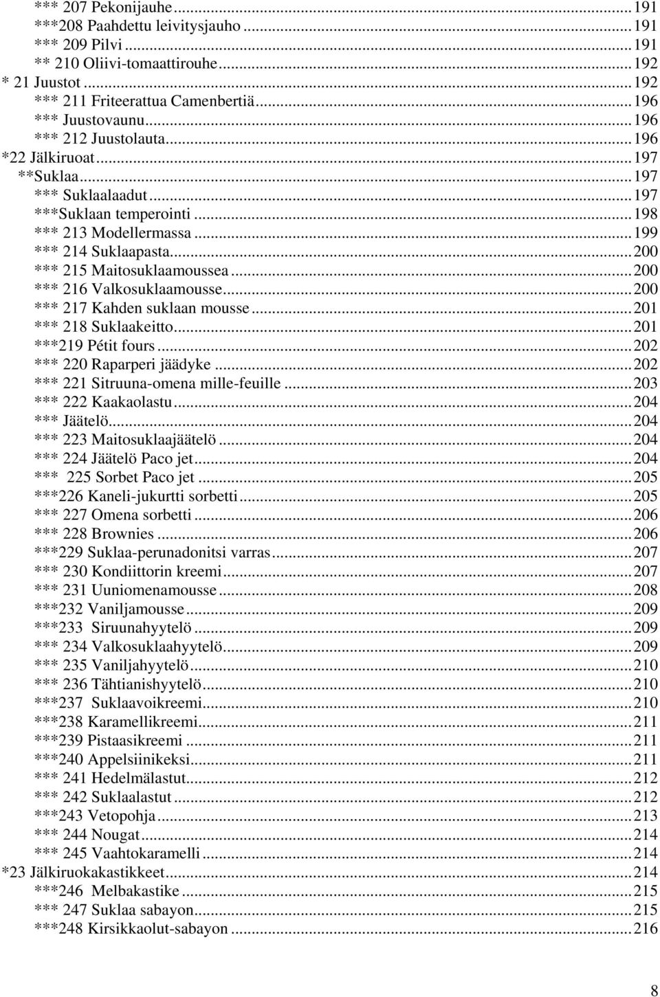 ..200 *** 216 Valkosuklaamousse...200 *** 217 Kahden suklaan mousse...201 *** 218 Suklaakeitto...201 ***219 Pétit fours...202 *** 220 Raparperi jäädyke...202 *** 221 Sitruuna-omena mille-feuille.