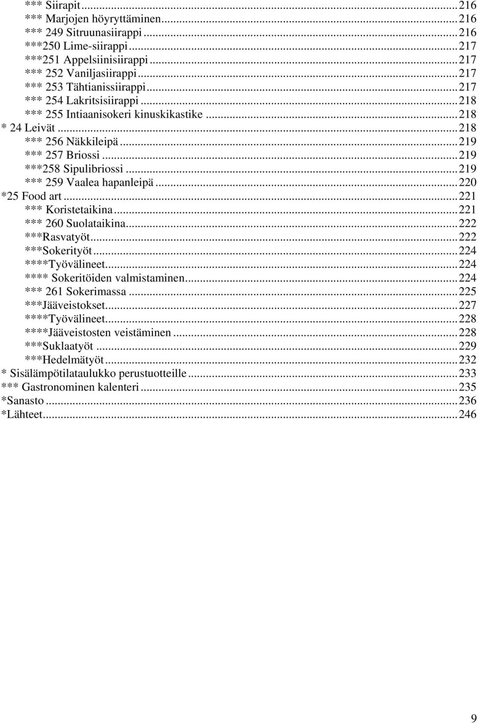 ..220 *25 Food art...221 *** Koristetaikina...221 *** 260 Suolataikina...222 ***Rasvatyöt...222 ***Sokerityöt...224 ****Työvälineet...224 **** Sokeritöiden valmistaminen...224 *** 261 Sokerimassa.