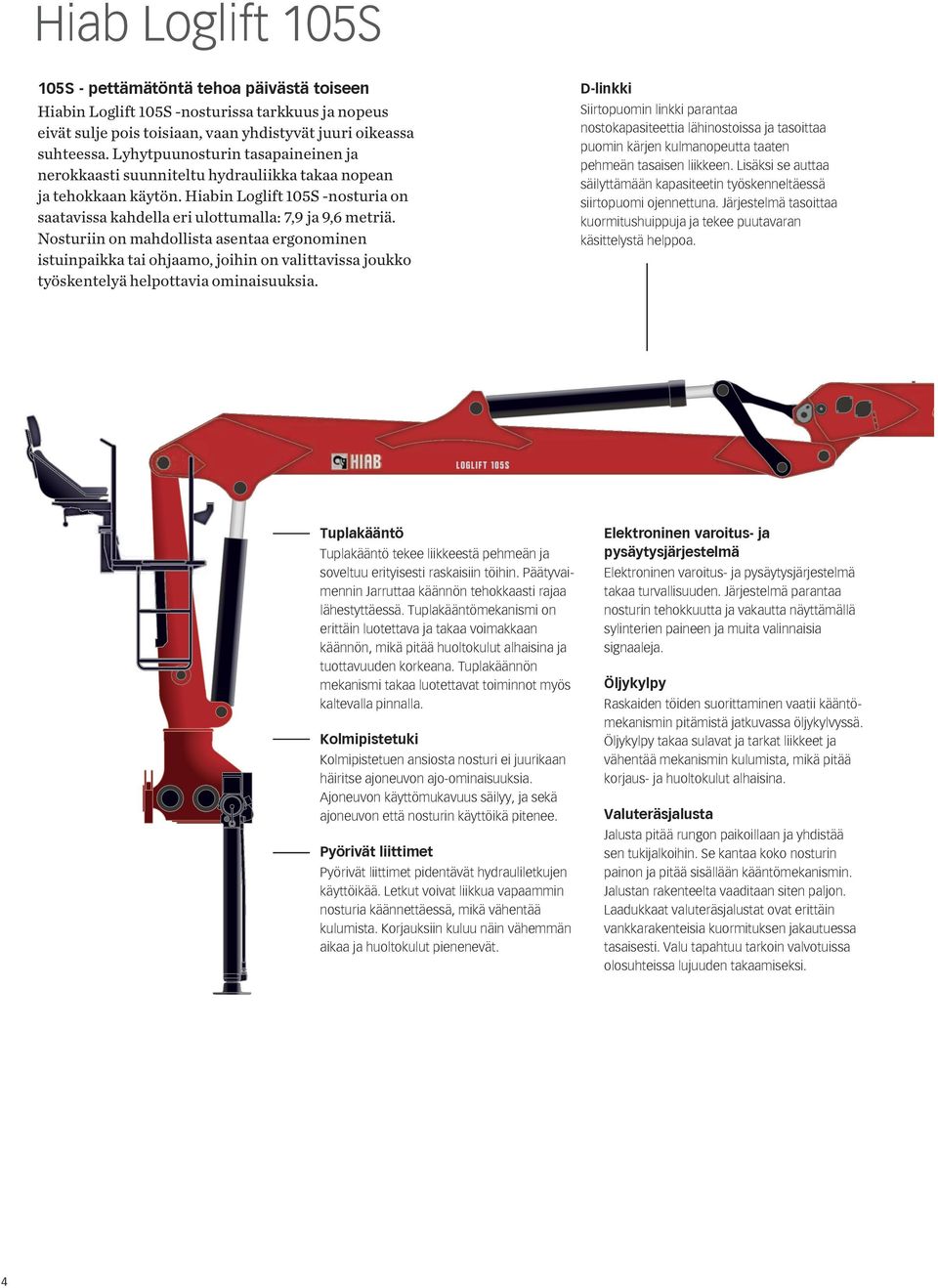 Nosturiin on mahdollista asentaa ergonominen istuinpaikka tai ohjaamo, joihin on valittavissa joukko työskentelyä helpottavia ominaisuuksia.