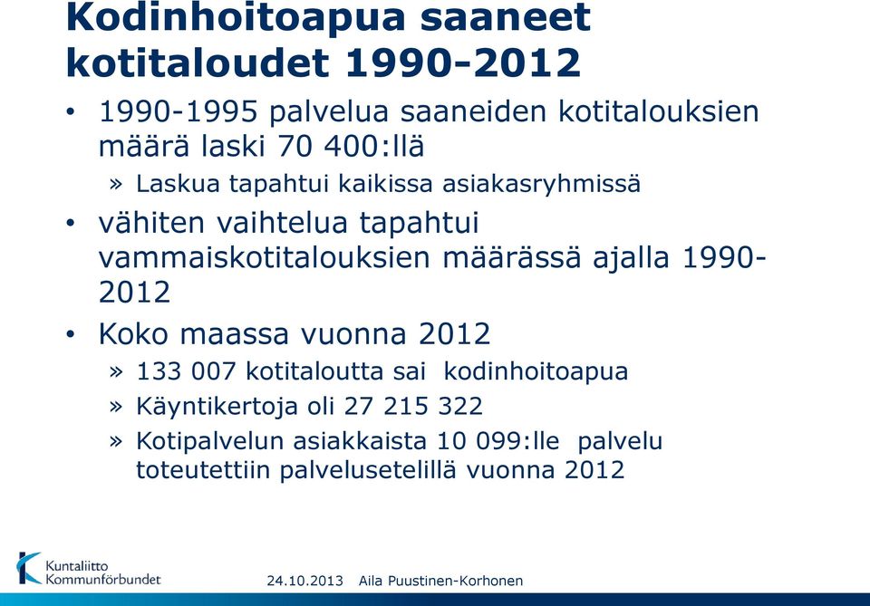 määrässä ajalla 1990-2012 Koko maassa vuonna 2012» 133 007 kotitaloutta sai kodinhoitoapua»