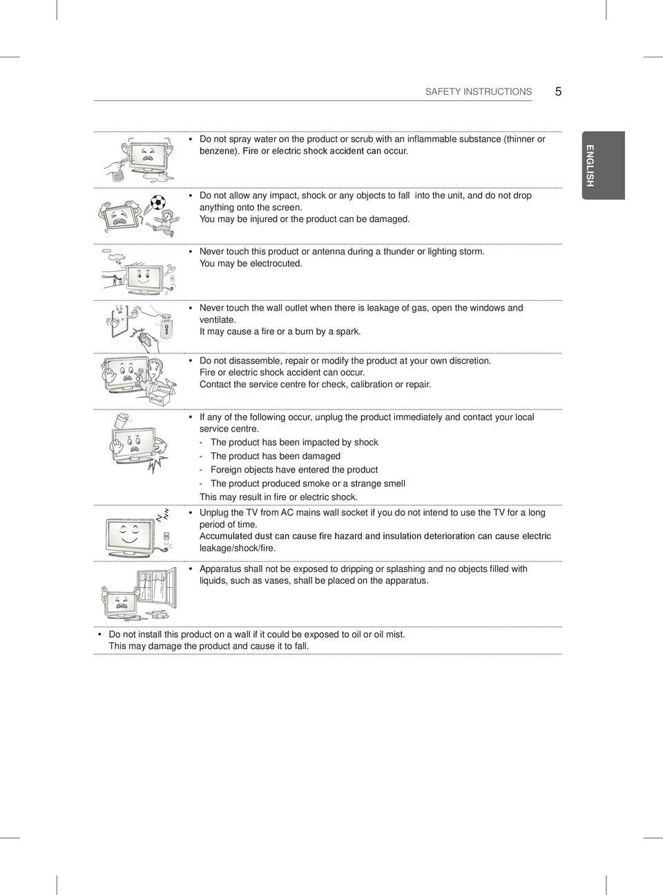 ENGLISH ynever touch this product or antenna during a thunder or lighting storm. You may be electrocuted. ynever touch the wall outlet when there is leakage of gas, open the windows and ventilate.