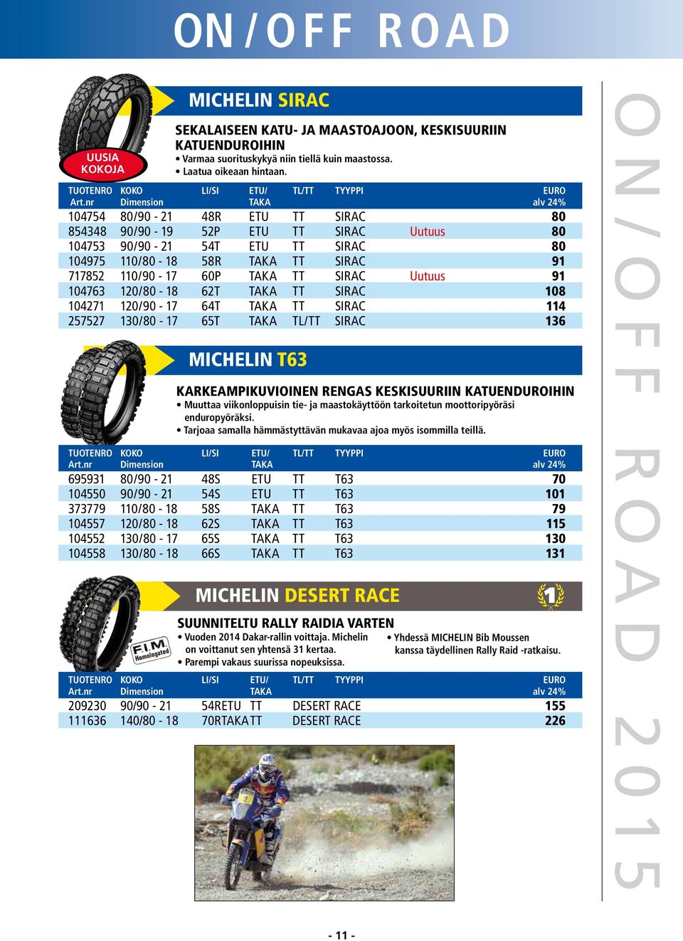 104763 120/80-18 62T TAKA TT SIRAC 108 104271 120/90-17 64T TAKA TT SIRAC 114 257527 130/80-17 65T TAKA TL/TT SIRAC 136 MICHELIN T63 KARKEAMPIKUVIOINEN RENGAS KESKISUURIIN KATUENDUROIHIN Muuttaa