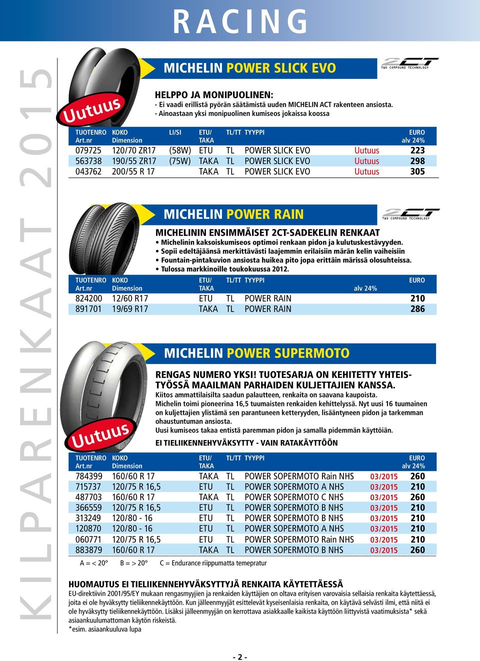 - Ainoastaan yksi monipuolinen kumiseos jokaissa koossa MICHELIN POWER RAIN MICHELININ ENSIMMÄISET 2CT-SADEKELIN RENKAAT Michelinin kaksoiskumiseos optimoi renkaan pidon ja kulutuskestävyyden.