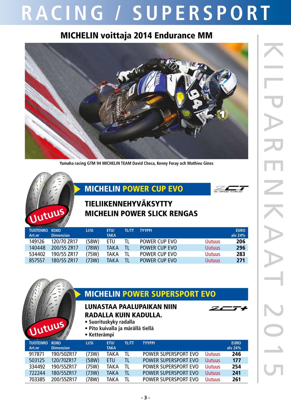 180/55 ZR17 (73W) TAKA TL POWER CUP EVO Uutuus 271 Uutuus MICHELIN POWER SUPERSPORT EVO Lunastaa paalupaikan niin radalla kuin kadulla.