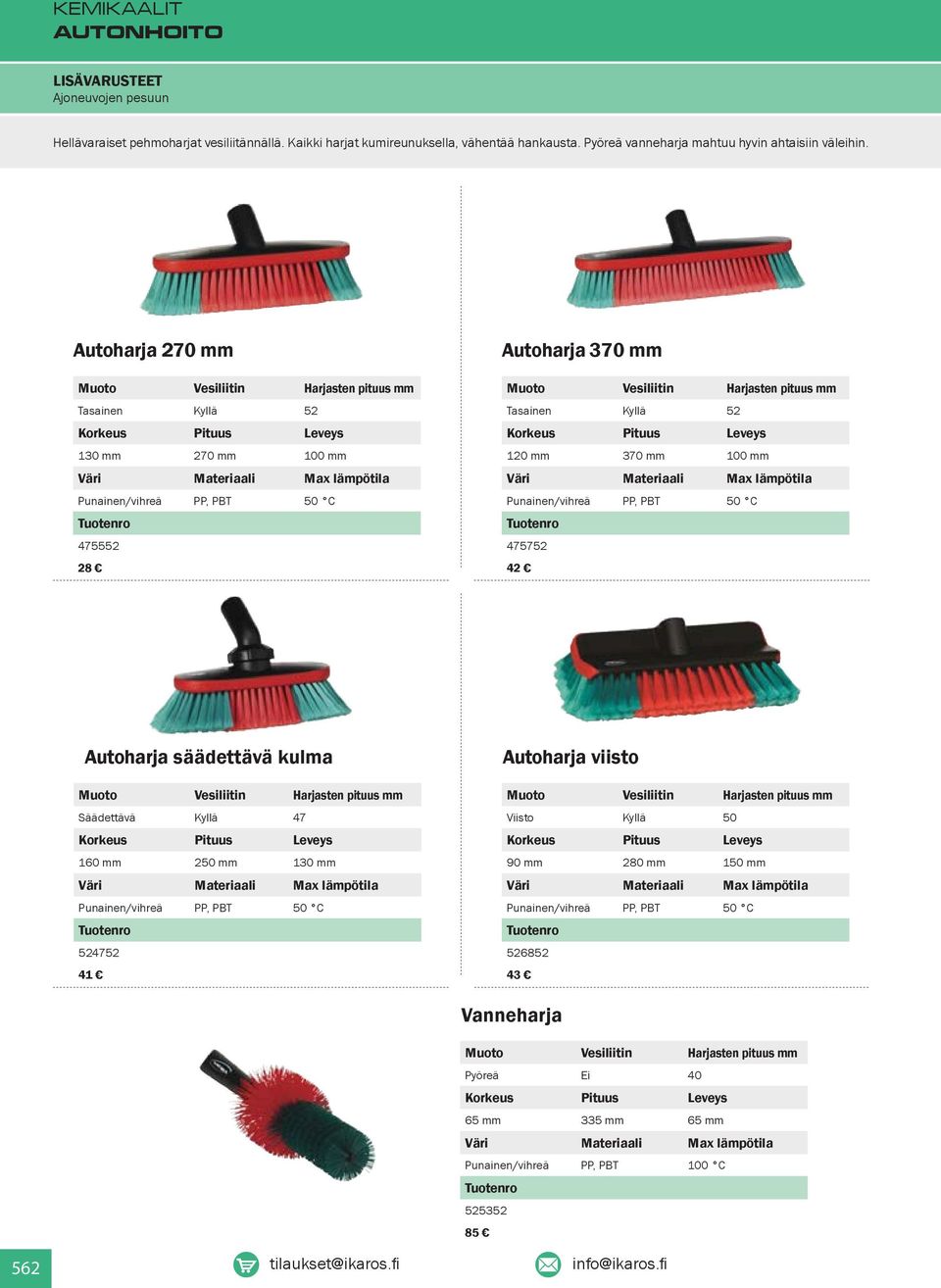 Tasainen 52 120 mm 370 mm 100 mm Materiaali Max lämpötila Punainen/vihreä PP, PBT 50 C 475752 42 Autoharja säädettävä kulma Vesiliitin Harjasten pituus mm Säädettävä 47 160 mm 250 mm 130 mm