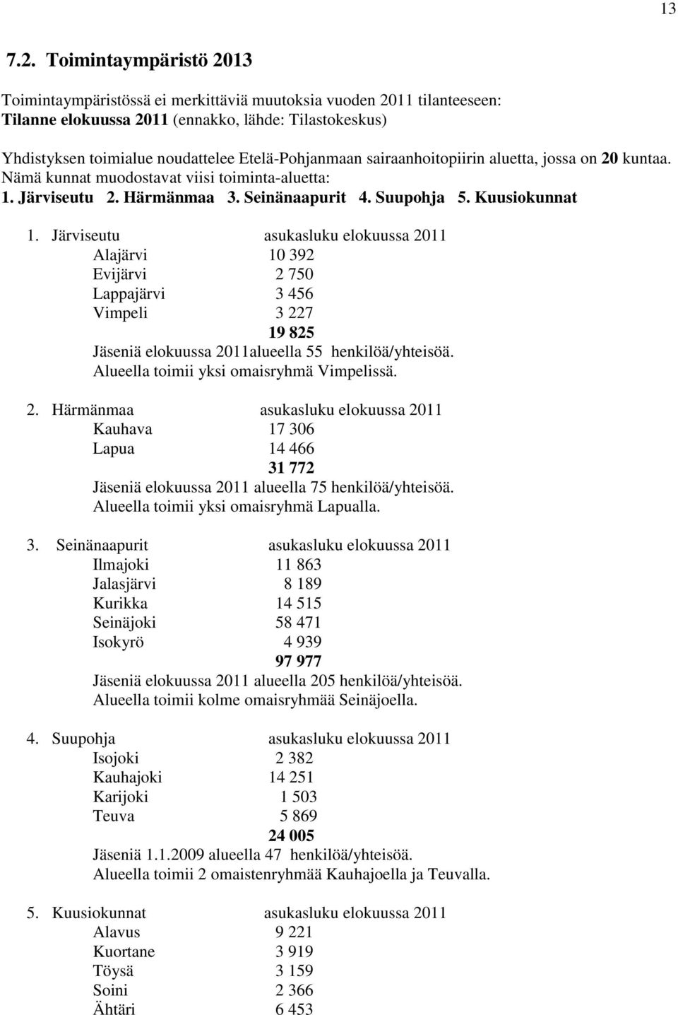 Etelä-Pohjanmaan sairaanhoitopiirin aluetta, jossa on 20 kuntaa. Nämä kunnat muodostavat viisi toiminta-aluetta: 1. Järviseutu 2. Härmänmaa 3. Seinänaapurit 4. Suupohja 5. Kuusiokunnat 1.