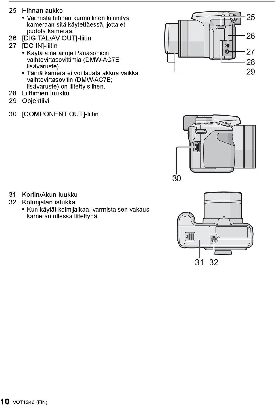 Tämä kamera ei voi ladata akkua vaikka vaihtovirtasovitin (DMW-AC7E; lisävaruste) on liitetty siihen.