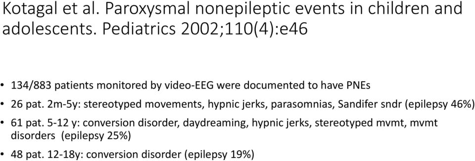 2m 5y: stereotyped movements, hypnic jerks, parasomnias, Sandifer sndr (epilepsy 46%) 61 pat.