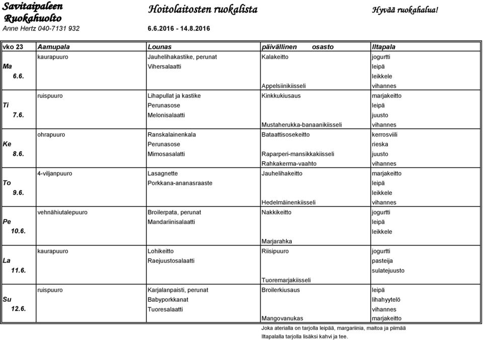 6. Melonisalaatti juusto Mustaherukka-banaanikiisseli ohrapuuro Ranskalainenkala Bataattisosekeitto kerrosviili Ke Perunasose rieska 8.6. Mimosasalatti Raparperi-mansikkakiisseli juusto Rahkakerma-vaahto 4-viljanpuuro Lasagnette Jauhelihakeitto marjakeitto To Porkkana-ananasraaste leipä 9.