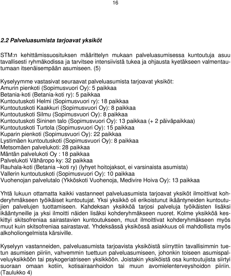 (5) Kyselyymme vastasivat seuraavat palveluasumista tarjoavat yksiköt: Amurin pienkoti (Sopimusvuori Oy): 5 paikkaa Betania-koti (Betania-koti ry): 5 paikkaa Kuntoutuskoti Helmi (Sopimusvuori ry): 18