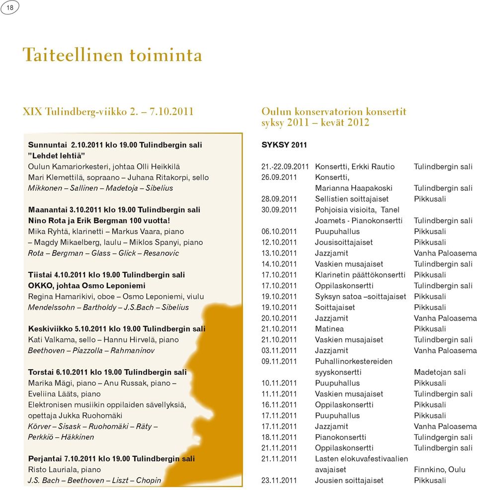 00 Tulindbergin sali Nino Rota ja Erik Bergman 100 vuotta! Mika Ryhtä, klarinetti Markus Vaara, piano Magdy Mikaelberg, laulu Miklos Spanyi, piano Rota Bergman Glass Glick Resanovic Tiistai 4.10.2011 klo 19.