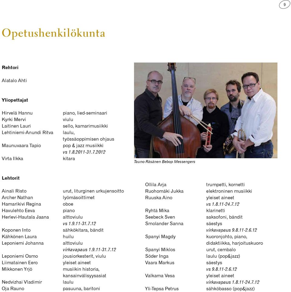 2012 kitara Tauno Räsänen Bebop Messengers Lehtorit Ainali Risto Archer Nathan Hamarikivi Regina Havulehto Eeva Herlevi-Hautala Jaana Koponen Into Kähkönen Laura Leponiemi Johanna Leponiemi Osmo