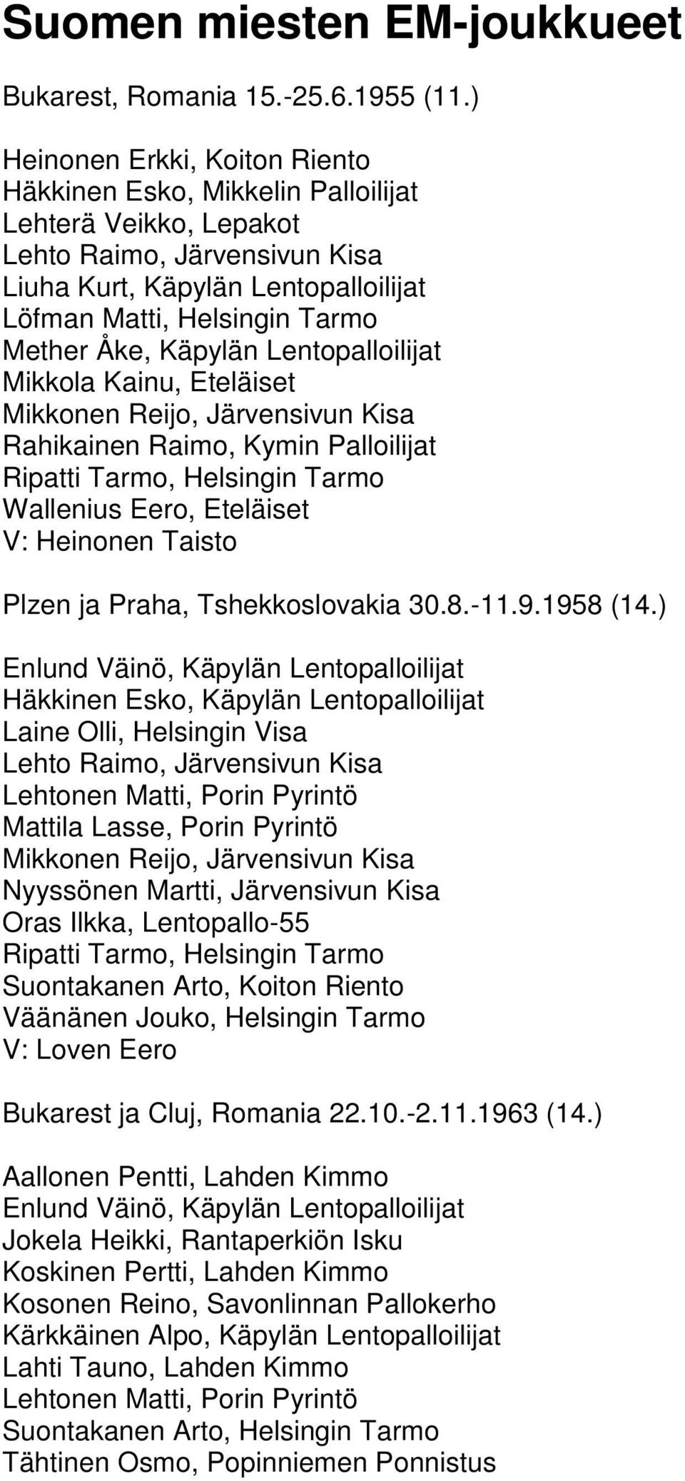 Åke, Käpylän Lentopalloilijat Mikkola Kainu, Eteläiset Mikkonen Reijo, Järvensivun Kisa Rahikainen Raimo, Kymin Palloilijat Ripatti Tarmo, Helsingin Tarmo Wallenius Eero, Eteläiset V: Heinonen Taisto