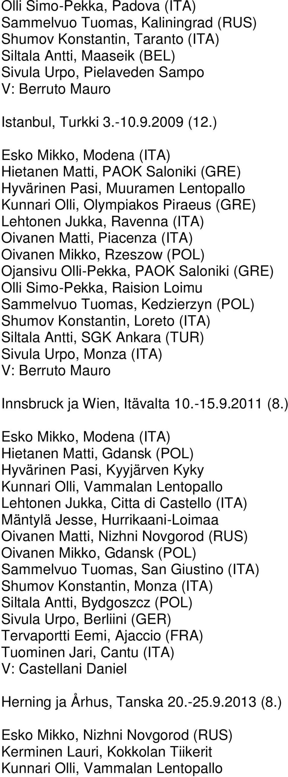 ) Esko Mikko, Modena (ITA) Hietanen Matti, PAOK Saloniki (GRE) Hyvärinen Pasi, Muuramen Lentopallo Kunnari Olli, Olympiakos Piraeus (GRE) Lehtonen Jukka, Ravenna (ITA) Oivanen Matti, Piacenza (ITA)