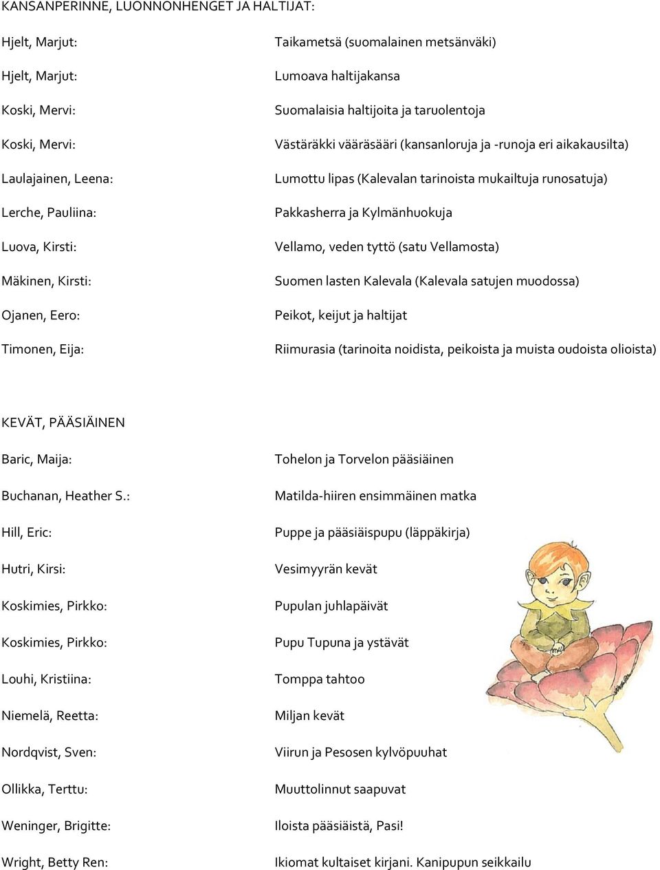 mukailtuja runosatuja) Pakkasherra ja Kylmänhuokuja Vellamo, veden tyttö (satu Vellamosta) Suomen lasten Kalevala (Kalevala satujen muodossa) Peikot, keijut ja haltijat Riimurasia (tarinoita