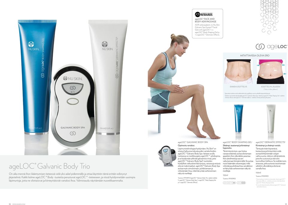 2 Tulokset saavutettiin käyttämällä ageloc Galvanic Body Spa -laitetta ja ageloc Body Shaping Gel -voidetta 3 kertaa viikossa sekä ageloc Dermatic Effects -voidetta 2 kertaa päivässä joka päivä.