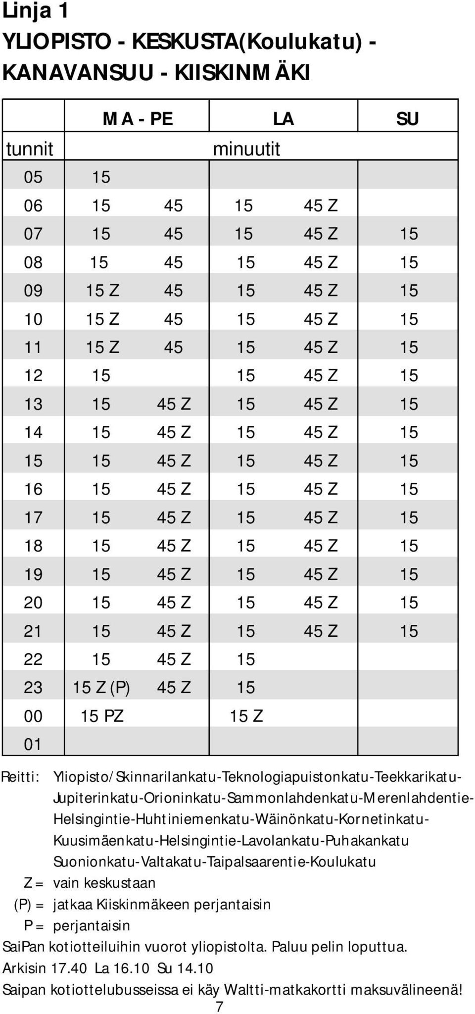 15 Z (P) 45 Z 15 00 15 PZ 15Z 01 MA - PE LA SU Reitti: Yliopisto/Skinnarilankatu-Teknologiapuistonkatu-Teekkarikatu- Jupiterinkatu-Orioninkatu-Sammonlahdenkatu-Merenlahdentie-