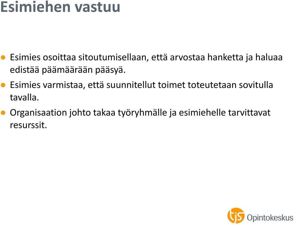 Esimies varmistaa, että suunnitellut toimet toteutetaan sovitulla