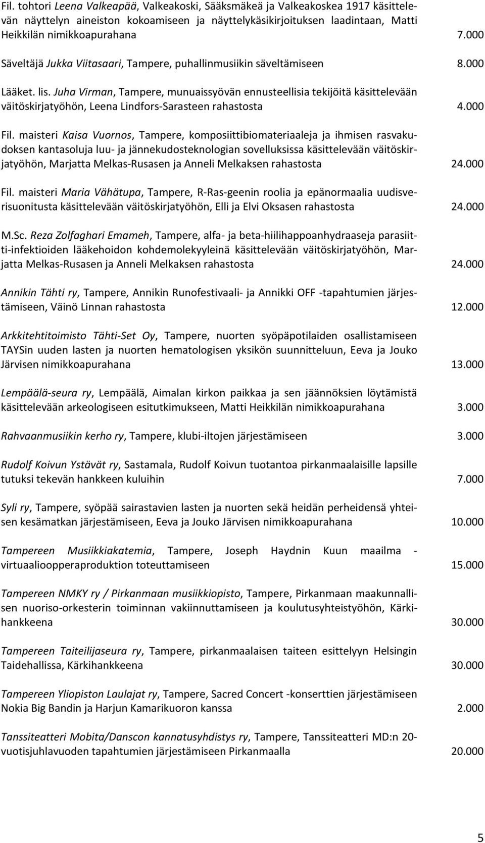 Juha Virman, Tampere, munuaissyövän ennusteellisia tekijöitä käsittelevään väitöskirjatyöhön, Leena Lindfors-Sarasteen rahastosta 4.000 Fil.