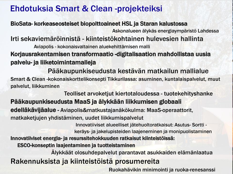 kestävän matkailun mallialue Smart & Clean -kokonaiskorttelikonsepti Tikkurilassa: asuminen, kuntalaispalvelut, muut palvelut, liikkuminen Teolliset arvoketjut kiertotaloudessa - tuotekehityshanke