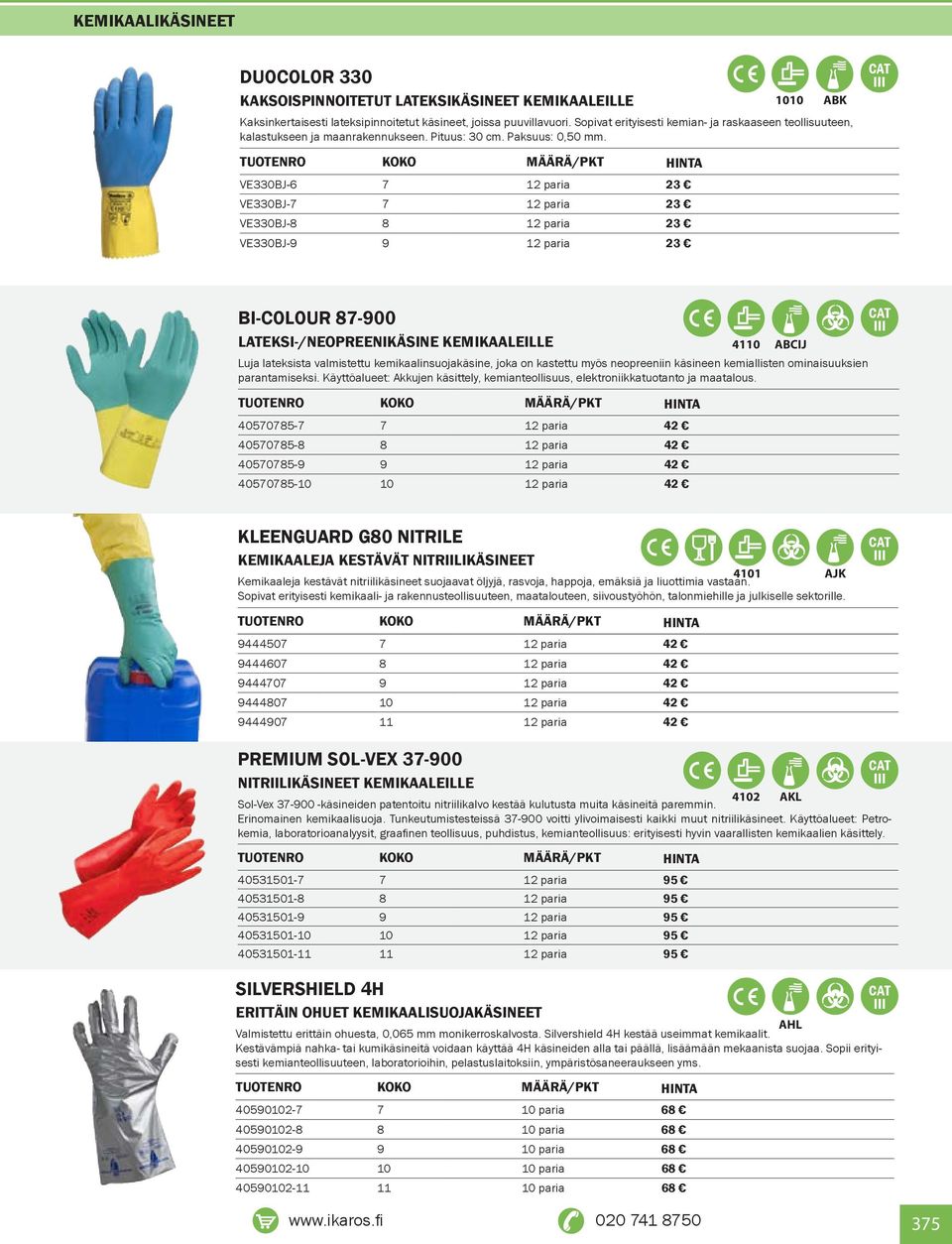 1010 ABK III VE330BJ-6 7 12 paria 23 VE330BJ-7 7 12 paria 23 VE330BJ-8 8 12 paria 23 VE330BJ-9 9 12 paria 23 BI-COLOUR 87-900 LATEKSI-/NEOPREENIKÄSINE KEMIKAALEILLE Luja lateksista valmistettu