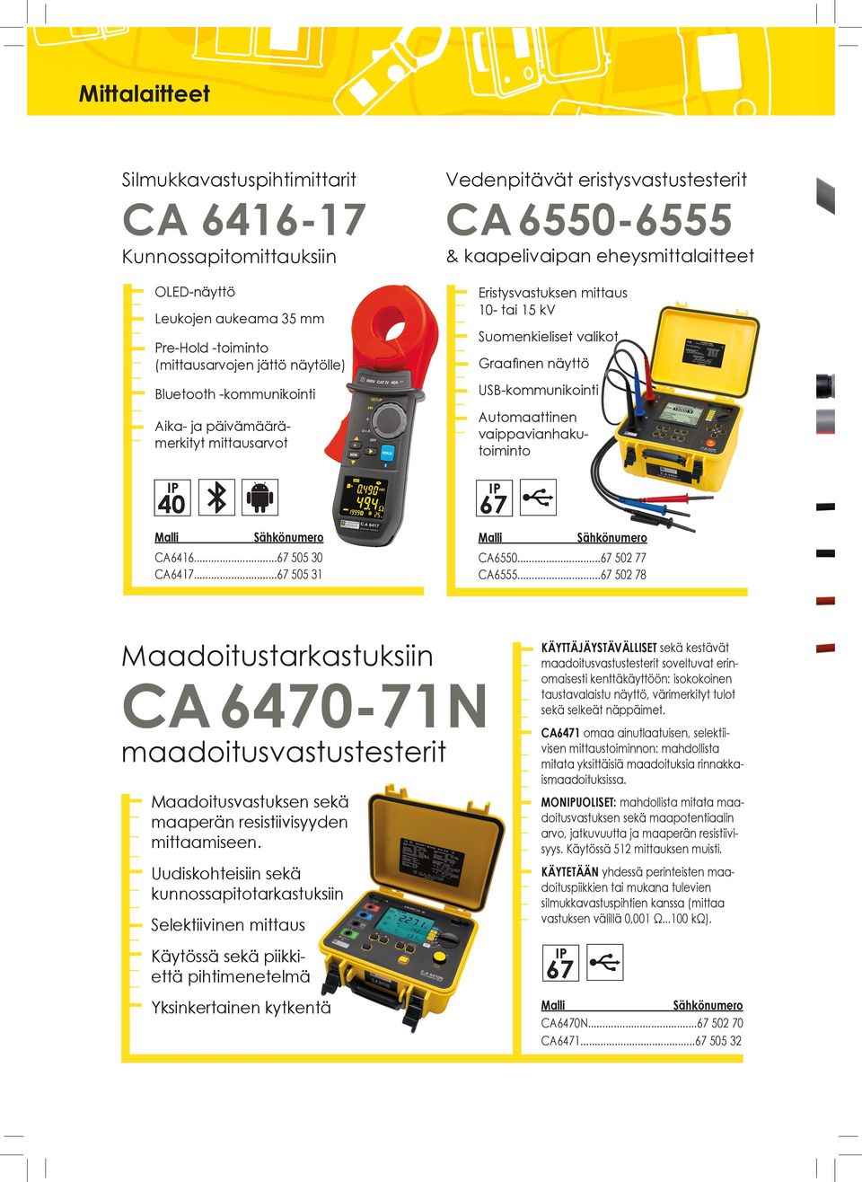 Automaattinen vaippavianhaku- toiminto 40 67 CA6416...67 505 30 CA6417...67 505 31 Maadoitustarkastuksiin CA6550...67 502 77 CA6555.