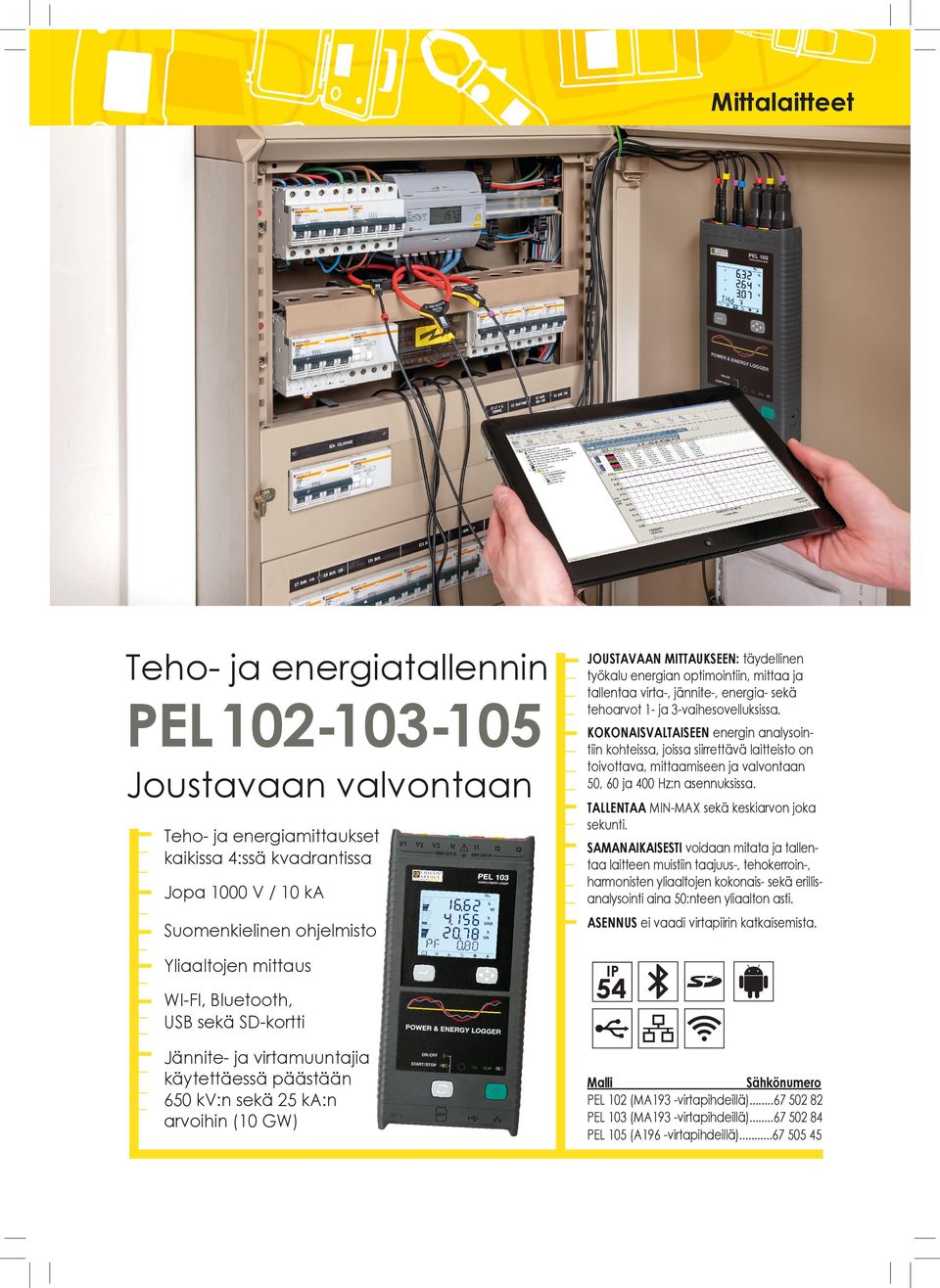 tallentaa virta-, jännite-, energia- sekä tehoarvot 1- ja 3-vaihesovelluksissa.