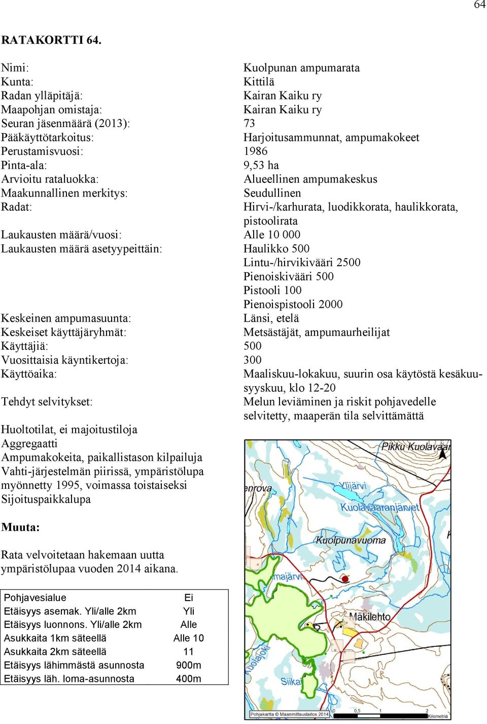 Sijoituspaikkalupa Kuolpunan ampumarata Kittilä Kairan Kaiku ry Kairan Kaiku ry 73 Harjoitusammunnat, ampumakokeet 1986 9,53 ha Alueellinen ampumakeskus Seudullinen Hirvi/karhurata, luodikkorata,