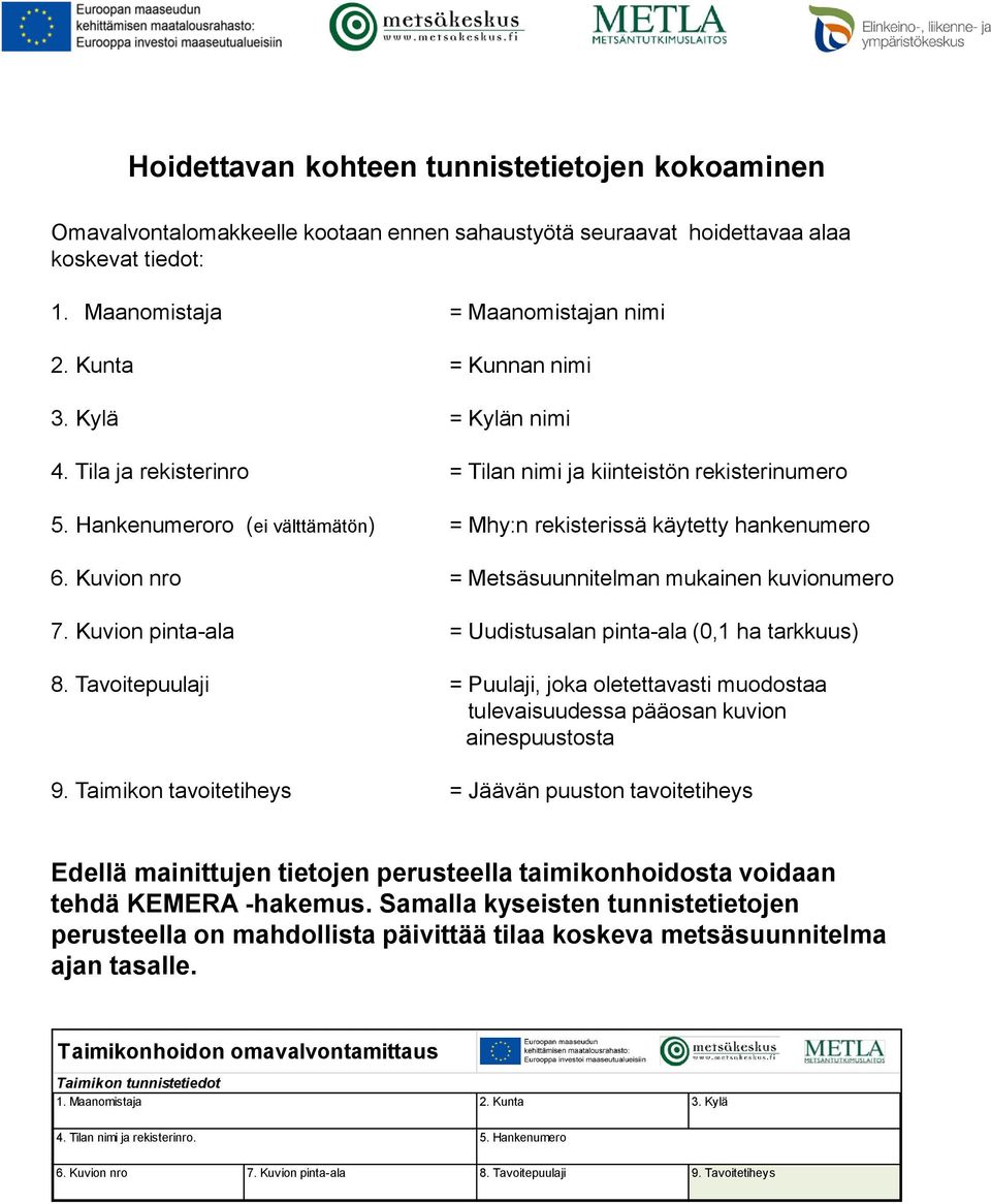 Kuvion nro = Metsäsuunnitelman mukainen kuvionumero 7. Kuvion pinta-ala = Uudistusalan pinta-ala (0,1 ha tarkkuus) 8.