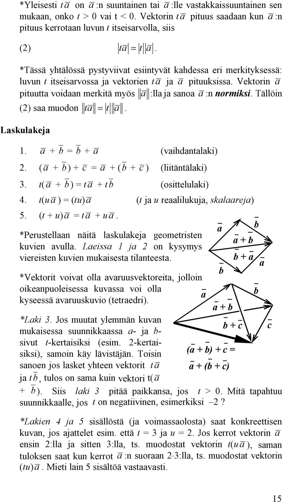 ta = t a Laskulakeja a + b = b + a (vaihdantalaki) (a + b) + c = a + (b + c ) (liitäntälaki) t(a + b) = ta + tb (osittelulaki) 4 t(ua ) = (tu)a (t ja u reaalilukuja, skalaareja) 5 (t + u)a = ta + ua