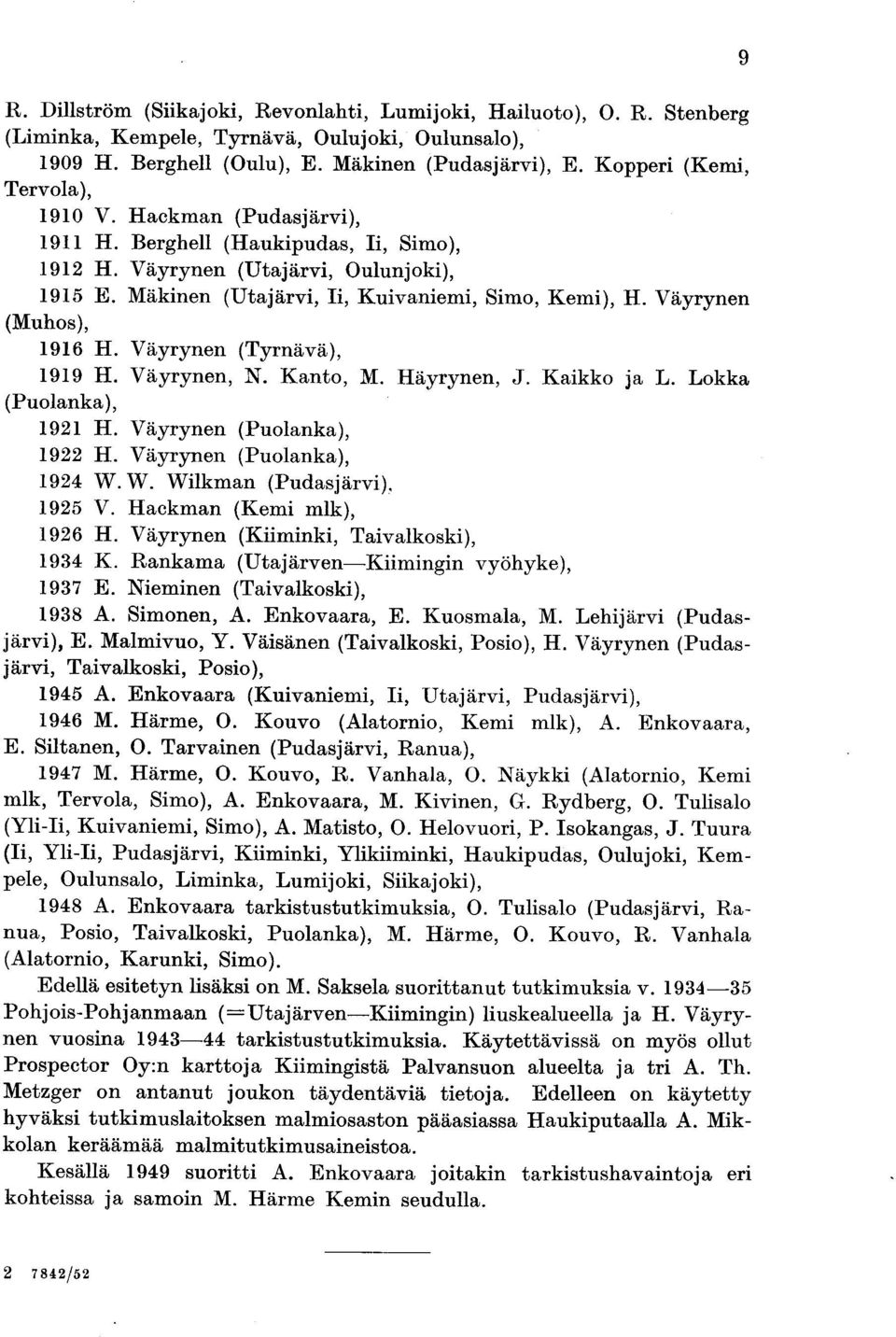 Väyrynen (Muhos), 1916 H. Väyrynen (Tyrnävä), 1919 H. Väyrynen, N. Kanto, M. Häyrynen, J. Kaikko ja L. Lokka (Puolanka), 1921 H. Väyrynen (Puolanka), 1922 H. Väyrynen (Puolanka), 1924 W.