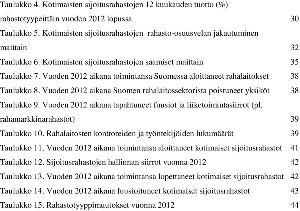 Vuoden 212 aikana toimintansa Suomessa aloittaneet rahalaitokset 38 Taulukko 8. Vuoden 212 aikana Suomen rahalaitossektorista poistuneet yksiköt 38 Taulukko 9.