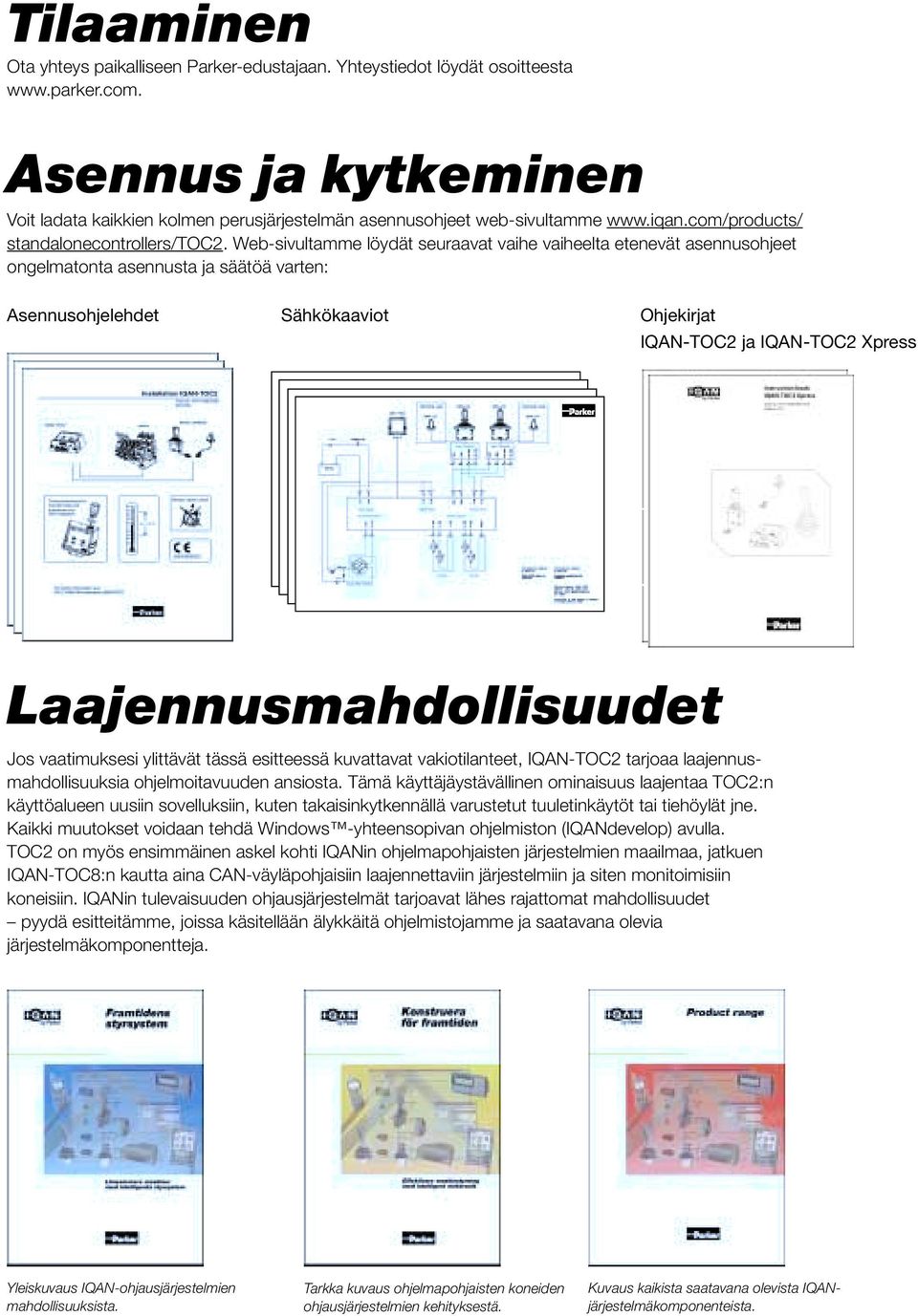 Web-sivultamme löydät seuraavat vaihe vaiheelta etenevät asennusohjeet ongelmatonta asennusta ja säätöä varten: Asennusohjelehdet Sähkökaaviot Ohjekirjat IQAN-TOC2 ja IQAN-TOC2 Xpress