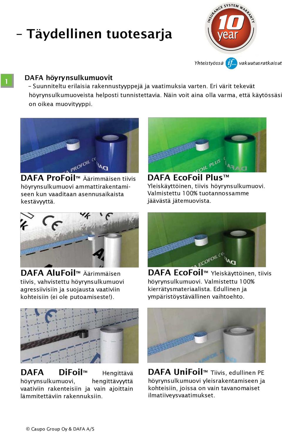 DAFA ProFoil TM Äärimmäisen tiivis höyrynsulkumuovi ammattirakentamiseen kun vaaditaan asennusaikaista kestävyyttä. DAFA EcoFoil Plus TM Yleiskäyttöinen, tiivis höyrynsulkumuovi.