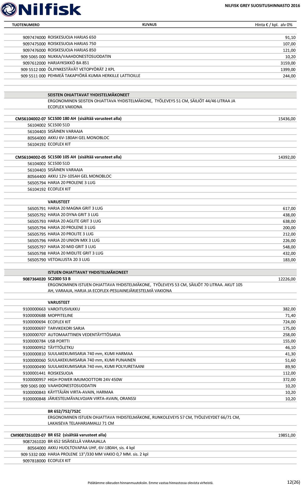 YHDISTELMÄKONE, TYÖLEVEYS 51 CM, SÄILIÖT 44/46 LITRAA JA ECOFLEX VAKIONA CM56104002 07 SC1500 180 AH (sisältää varusteet alla) 15436,00 56104002 SC1500 51D 56104403 SISÄINEN VARAAJA 80564000 AKKU 6V