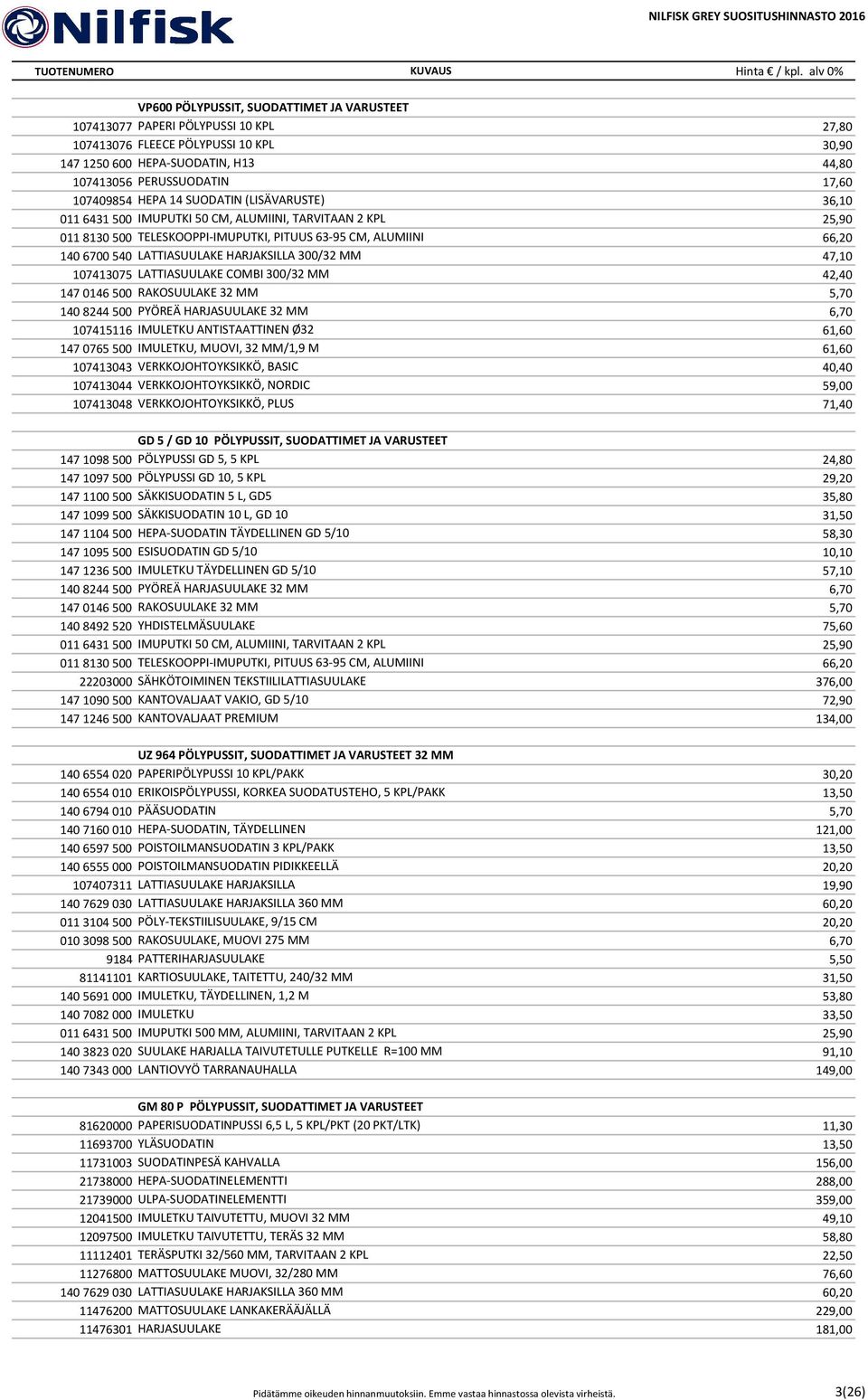 300/32 MM 47,10 107413075 LATTIASUULAKE COMBI 300/32 MM 42,40 147 0146 500 RAKOSUULAKE 32 MM 5,70 140 8244 500 PYÖREÄ HARJASUULAKE 32 MM 6,70 107415116 IMULETKU ANTISTAATTINEN Ø32 61,60 147 0765 500