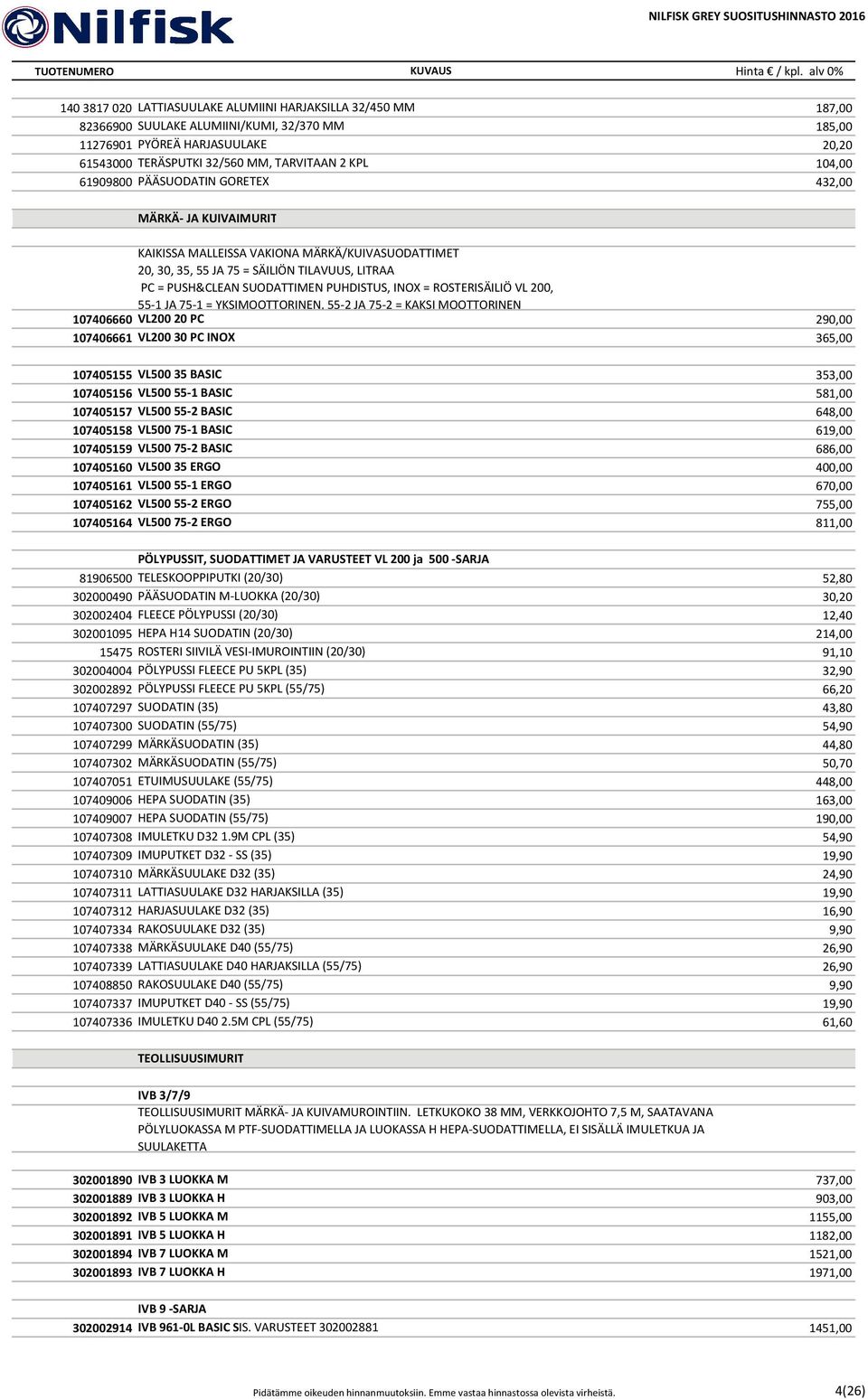 PUHDISTUS, INOX = ROSTERISÄILIÖ VL 200, 55 1 JA 75 1 = YKSIMOOTTORINEN, 55 2 JA 75 2 = KAKSI MOOTTORINEN 107406660 VL200 20 PC 290,00 107406661 VL200 30 PC INOX 365,00 107405155 VL500 35 BASIC 353,00