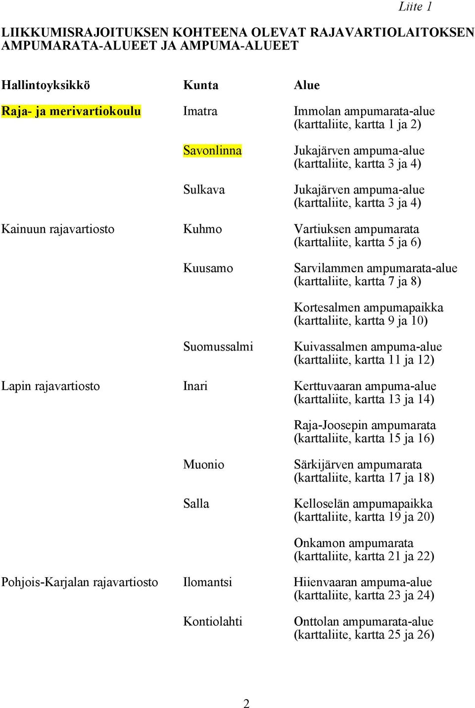 (karttaliite, kartta 5 ja 6) Kuusamo Sarvilammen ampumarata-alue (karttaliite, kartta 7 ja 8) Kortesalmen ampumapaikka (karttaliite, kartta 9 ja 10) Suomussalmi Kuivassalmen ampuma-alue (karttaliite,