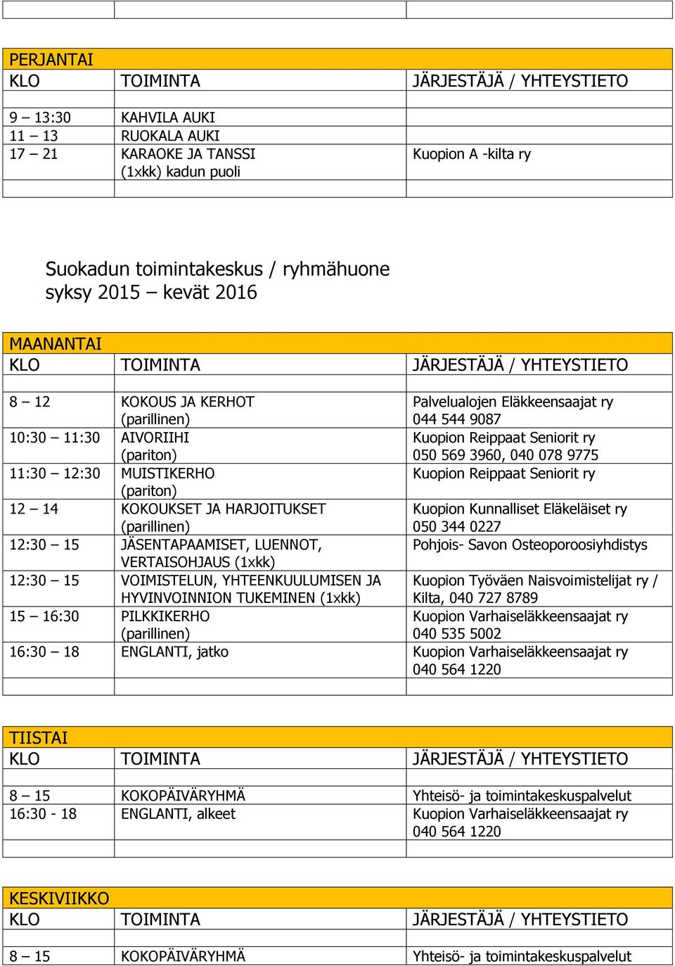 12:30 15 JÄSENTAPAAMISET, LUENNOT, Pohjois- Savon Osteoporoosiyhdistys VERTAISOHJAUS (1xkk) 12:30 15 VOIMISTELUN, YHTEENKUULUMISEN JA HYVINVOINNION TUKEMINEN (1xkk) Kuopion Työväen Naisvoimistelijat