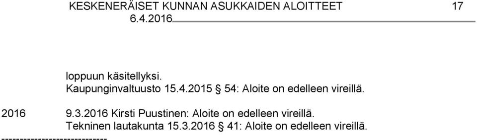 2015 54: Aloite on edelleen vireillä. 2016 9.3.