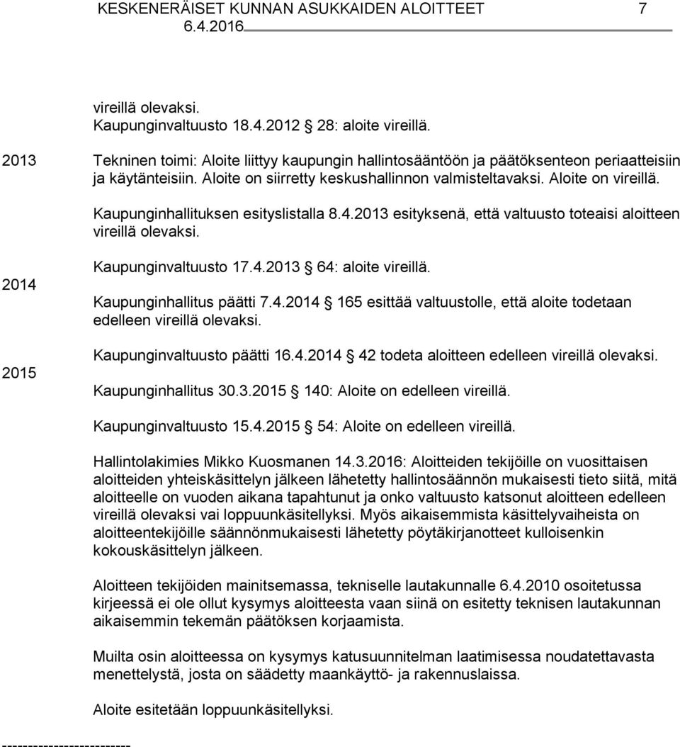 Kaupunginhallituksen esityslistalla 8.4.2013 esityksenä, että valtuusto toteaisi aloitteen vireillä olevaksi. 2014 2015 Kaupunginvaltuusto 17.4.2013 64: aloite vireillä. Kaupunginhallitus päätti 7.4.2014 165 esittää valtuustolle, että aloite todetaan edelleen vireillä olevaksi.
