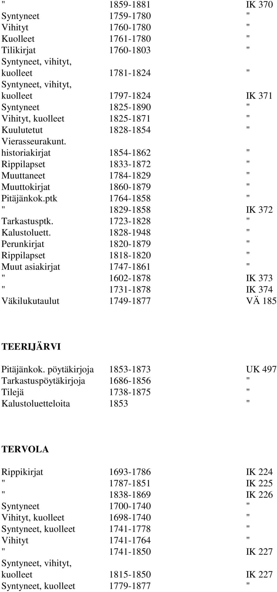 ptk 1764-1858 " " 1829-1858 IK 372 Tarkastusptk. 1723-1828 " Kalustoluett.