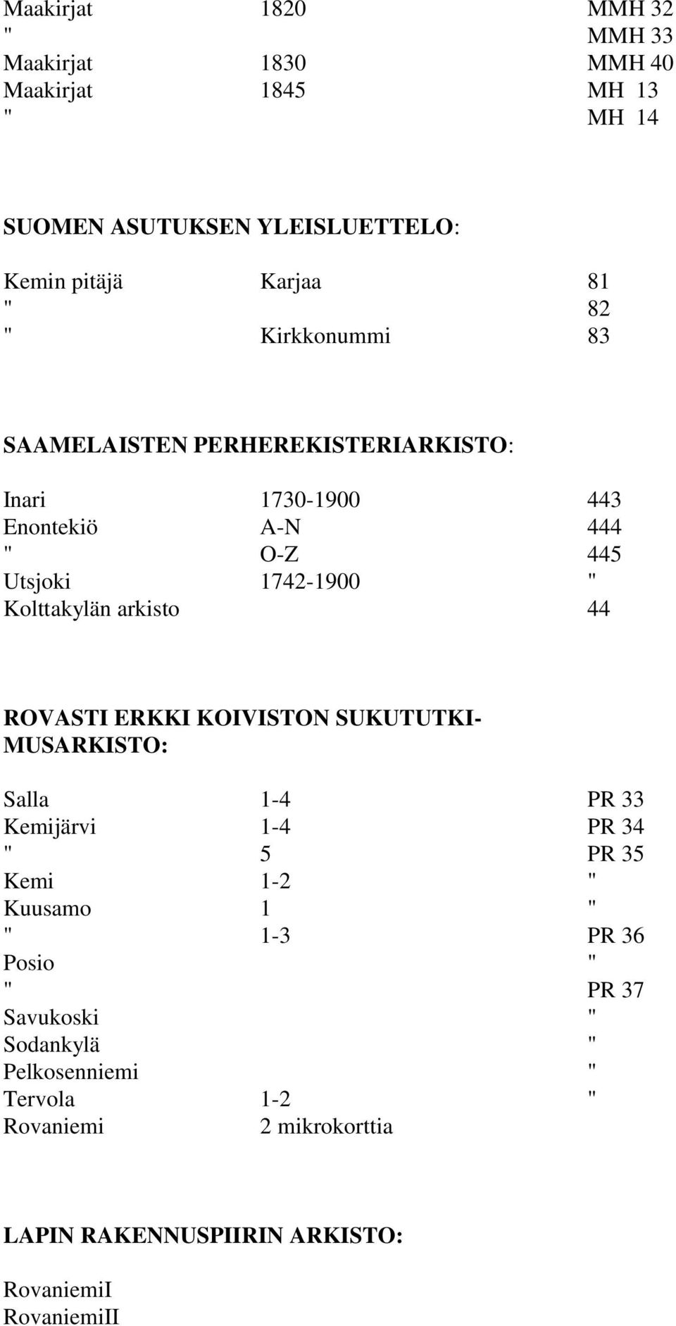 arkisto 44 ROVASTI ERKKI KOIVISTON SUKUTUTKI- MUSARKISTO: Salla 1-4 PR 33 Kemijärvi 1-4 PR 34 " 5 PR 35 Kemi 1-2 " Kuusamo 1 " " 1-3 PR 36