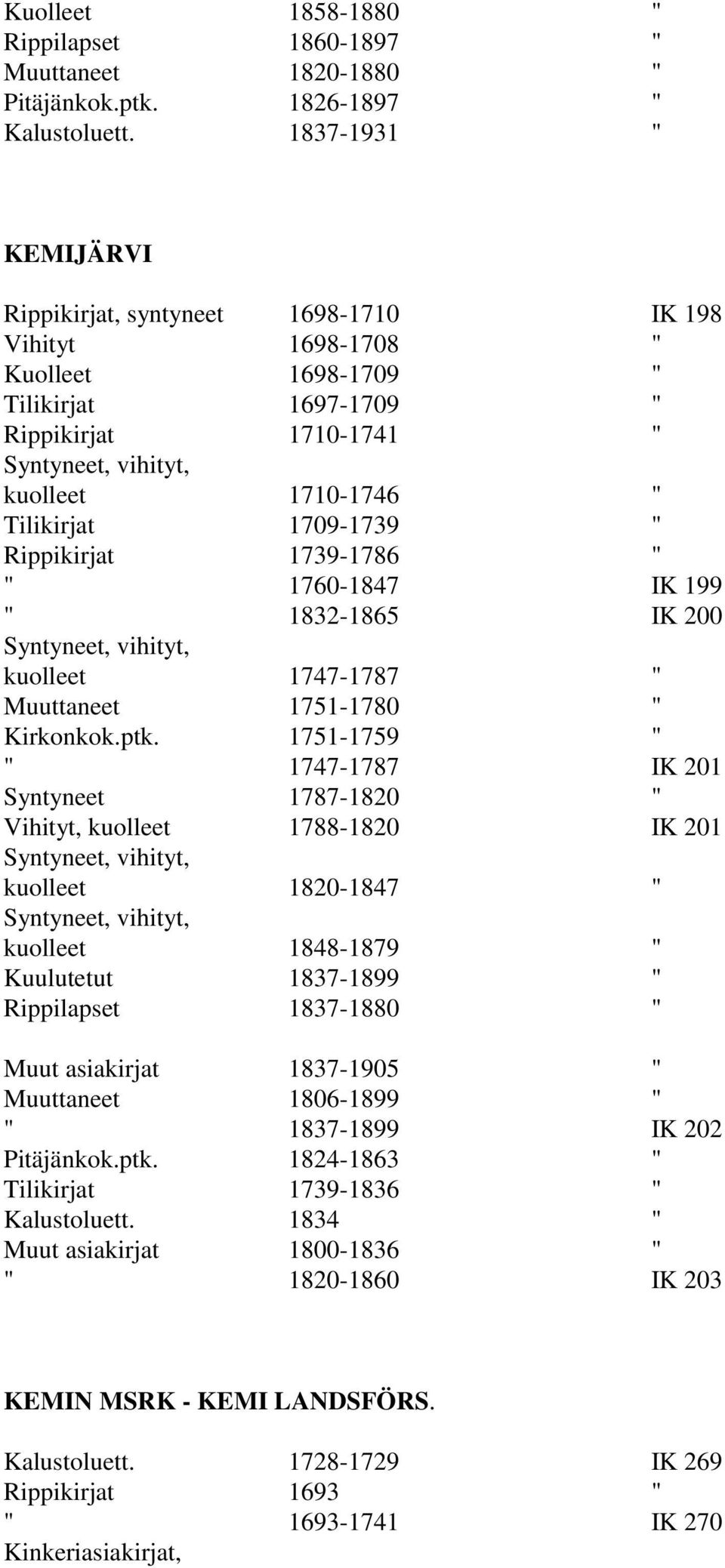 Rippikirjat 1739-1786 " " 1760-1847 IK 199 " 1832-1865 IK 200 kuolleet 1747-1787 " Muuttaneet 1751-1780 " Kirkonkok.ptk.