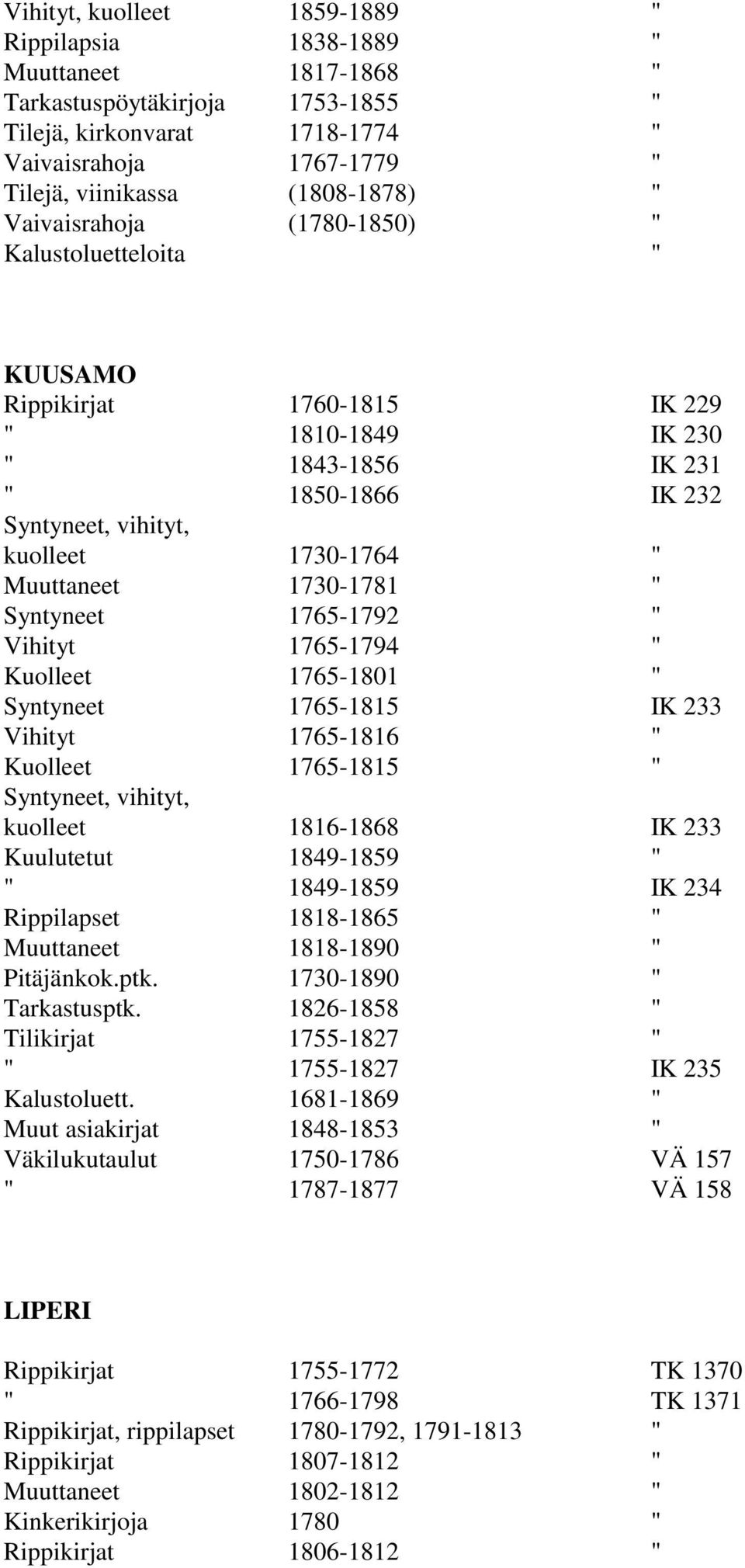 1765-1792 " Vihityt 1765-1794 " Kuolleet 1765-1801 " Syntyneet 1765-1815 IK 233 Vihityt 1765-1816 " Kuolleet 1765-1815 " kuolleet 1816-1868 IK 233 Kuulutetut 1849-1859 " " 1849-1859 IK 234