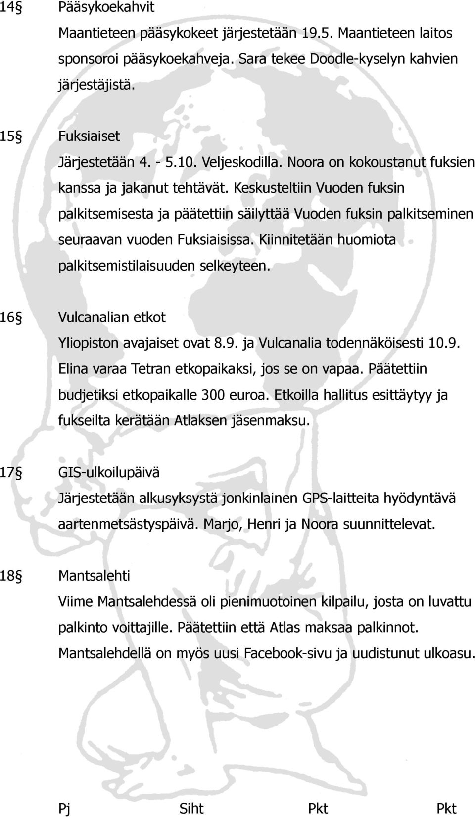 Kiinnitetään huomiota palkitsemistilaisuuden selkeyteen. 16 Vulcanalian etkot Yliopiston avajaiset ovat 8.9. ja Vulcanalia todennäköisesti 10.9. Elina varaa Tetran etkopaikaksi, jos se on vapaa.